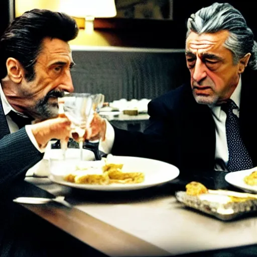 Image similar to movie still of the dinner scene in Heat, rendering of al pacino and robert de niro as old men, cinematic,