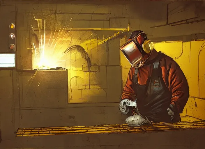 Image similar to welder with welding masks in subway, leaning forward, in the style of craig mullins