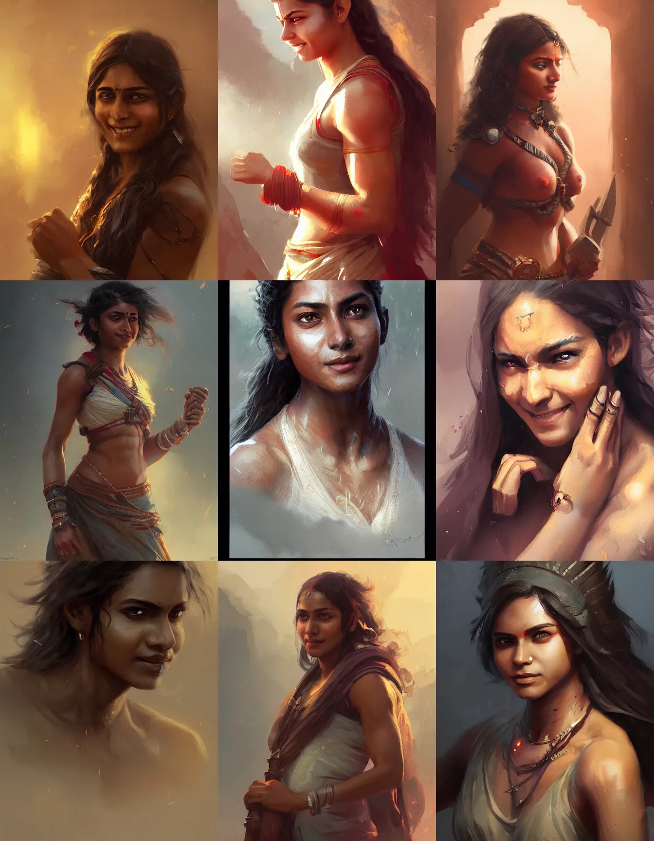 Prompt: young indian woman mage, strong, muscular, smiling, digital portrait by greg rutkowski, intricate, soft focus, highly detailed, cinematic, epic, artstation