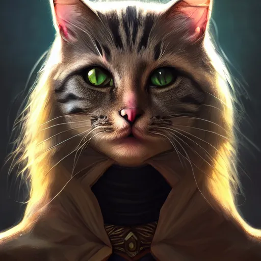 Prompt: Cat Person, perfect eyes, portrait, fantasy, beautiful face, medieval, vivid colors, elegant, concept art, sharp focus, digital art, Hyper-realistic, 4K, Unreal Engine, Highly Detailed, HD, Dramatic Lighting by Brom, trending on Artstation