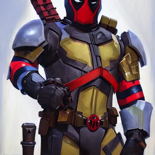 Image similar to greg manchess portrait painting of armored deadpool as overwatch character, medium shot, asymmetrical, profile picture, organic painting, sunny day, matte painting, bold shapes, hard edges, street art, trending on artstation, by huang guangjian and gil elvgren and sachin teng