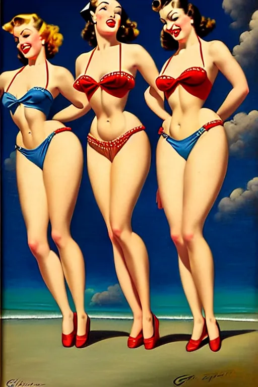 Prompt: 1940s group of pinup bikini girls, oil painting, by Gil Elvgren