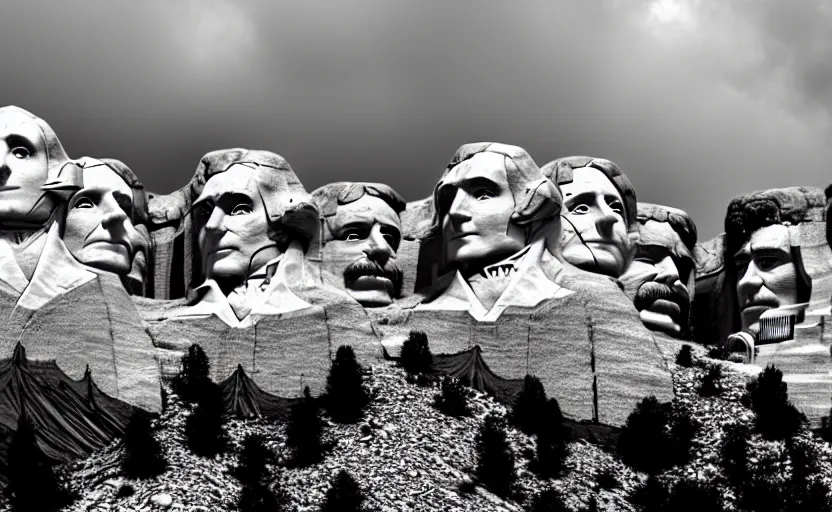 Prompt: mt. rushmore reimagined with heroic native american leaders, dramatic sky, epic environment and background, cinematic