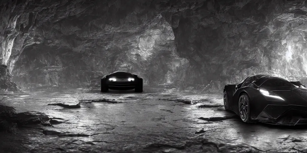 Prompt: the batmobile standing in a very dark and wet cave. highly detailed. intricate. mist. atmospheric. rim light. photorealistic. 8 k. monochrome. rays of light filling the cave. cinematic. matte painting. cinema 4 d. octane render. imagined by ash thorp. ambient occlusion. global illumination.