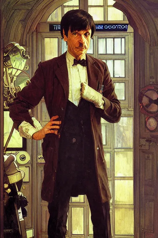 Prompt: The Second Doctor standing next to the TARDIS, portrait by Stanley Artgerm Lau, greg rutkowski, thomas kindkade, alphonse mucha, loish, norman Rockwell