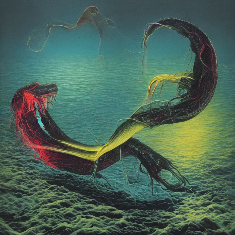 Prompt: Hyperrealistic intensely colored studio Photograph portrait of a deep sea bioluminescent Electric Kaiju Eel sitting in a lawn chair, award-winning nature deep sea oil painting by Audubon and Zdzisław Beksiński vivid colors hyperrealism 8k