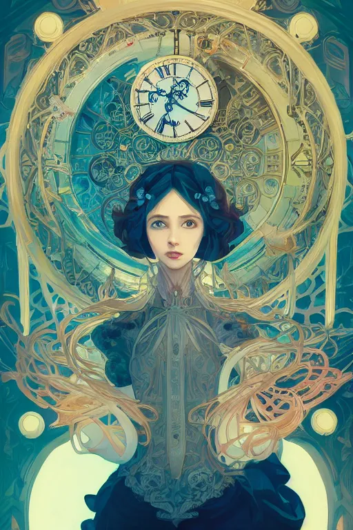 Image similar to portrait of the lady of time, clocks, intricate design, sharp features, detailed background, ambient lighting, 4 k, lois van baarle, ilya kuvshinov, rossdraws, alphonse mucha, jung gi kim, artstation