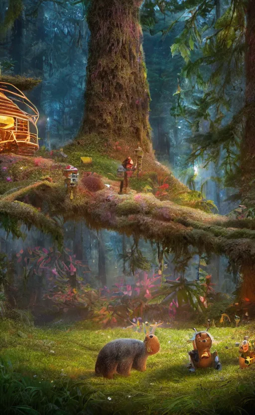 Image similar to a hut made of fur, magical forest, community, water bear, robots, electric, furry, soft, concept art, intricate details, highly detailed, photorealistic, disney pixar, octane render, iridescent, anime, 8 k