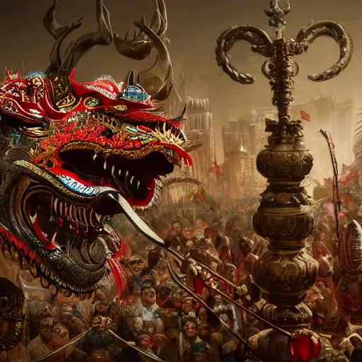 Image similar to chinese new year festival, intricate detail, royo, vallejo, frazetta, giger, whealan, hd, unreal engine,