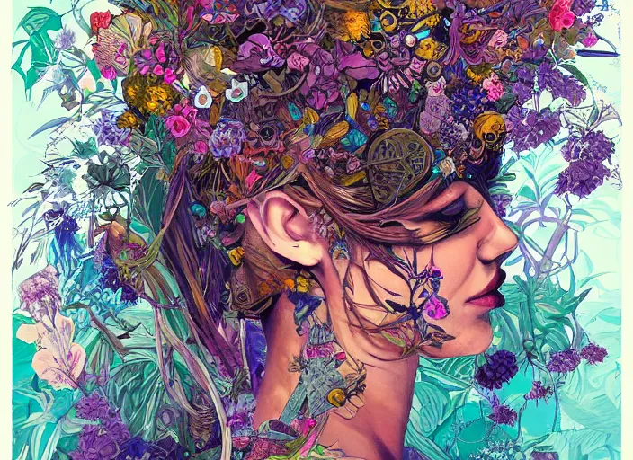Image similar to a painting of a beautiful cyborg girl with a lot of flowers, blueberries and exotic plants on its head, poster art by android jones, behance contest winner, generative line art, made of flowers, grotesque, concert poster