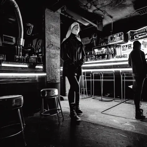 Image similar to photograph of a retro techwear women loitering near the bar of a packed busy rundown nightclub, retrofuturism, brutalism, cyberpunk, sigma 85mm f/1.4, 35mm, tilted frame, long exposure, 4k, high resolution, 4k, 8k, hd, wide angle lens, highly detailed, full color