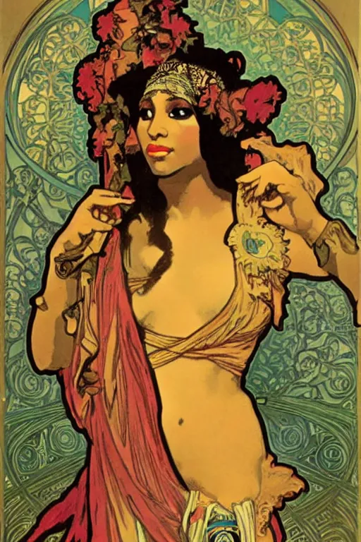 Image similar to painting of nikki minaj as the greek goddess of nail polish, by alphonse mucha