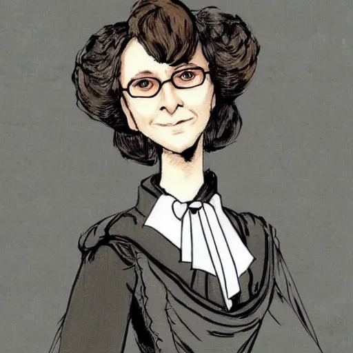 Image similar to Bill gates crossdressing in victorian gown, drawn in the style of yoji shinkawa, extremely detailed, fractal frame