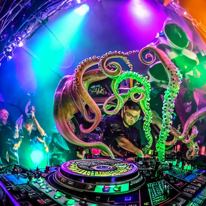 Image similar to award winning photo of an octopus! as a dj with tentacles! simultaneously placed turntables cdjs and knobs of a pioneer dj mixer. sharp, blue and fuschia colorful lighting, in front of a large crowd, studio, medium format, 8 k detail, volumetric lighting, wide angle, at an outdoor psytrance festival main stage at night