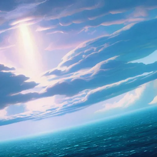 Image similar to beautiful matte painting of a dreamy ocean with clouds, sci - fi, daylight, blue sky, cinematic lighting, cinematic perspective, planet above, syd mead, john harris, federico pelat, detailed, 4 k, hd