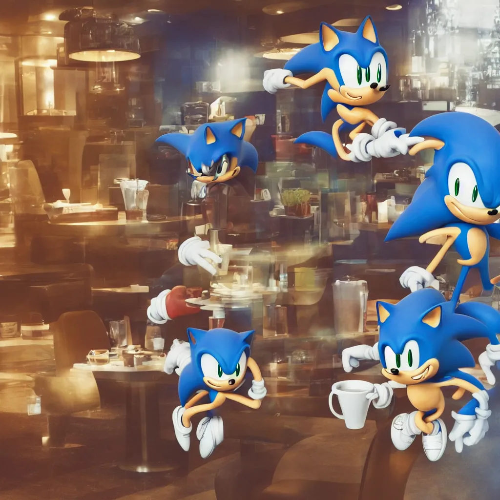 Prompt: Sonic having a cup of tea at starbucks. Beautiful composition, 3d render trending on artstation, medium shot, indoor smooth light