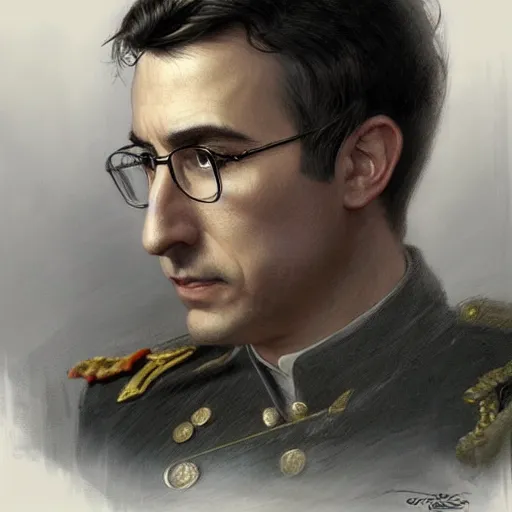 Image similar to portrait of stoic looking john oliver, military uniform, fantasy, intricate, elegant, highly detailed, centered, dark, smokey, charcoal painting, digital painting, artstation, concept art, smooth, sharp focus, illustration, art by artgerm and greg rutkowski and alphonse mucha