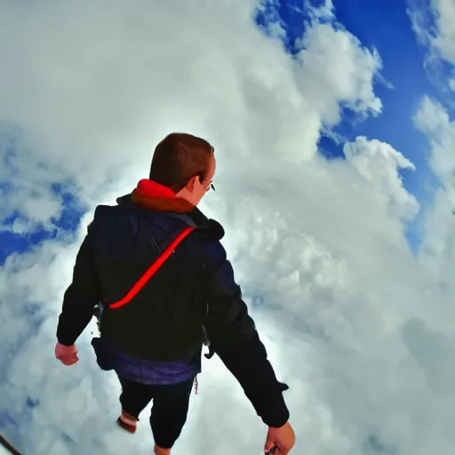 Image similar to walking around on clouds, GoPro, wide angle lens, high resolution 8k,