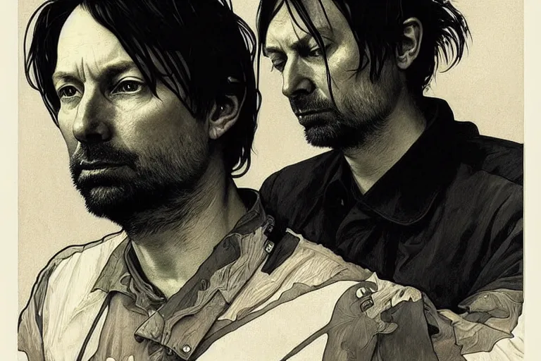 Image similar to hyper realistic portrait of radiohead singer frontman, by lee bermejo, alphonse mucha and greg rutkowski