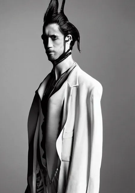 Image similar to a photo of an ancient male model wearing a plain simple designer menswear jacket inspired by salvador dali designed by alexander mcqueen