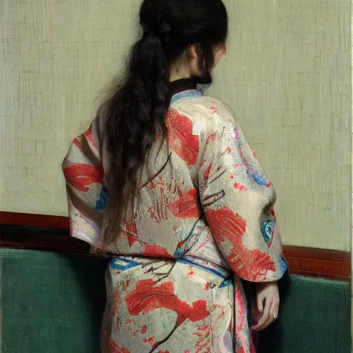 Prompt: girl with long wavy hair, in kimono with koi pattern, backview, sitting on edge of bed, by jeremy lipking, serge marshennikov, joseph todorovitch