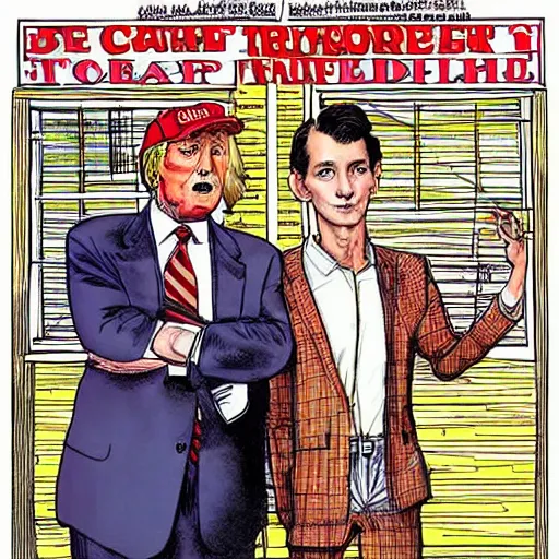 Image similar to !dream The Artwork of R. Crumb and his Cheap Suit Donald Trump and Jared Kushner, pencil and colored marker artwork, trailer-trash lifestyle