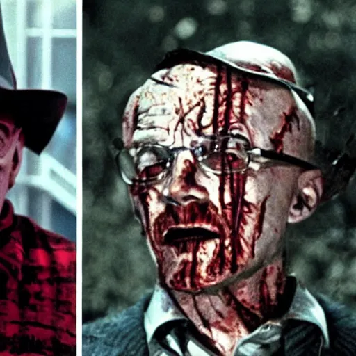 Image similar to walter white is playing freddy krueger, 8 0 s nightmare on elm street screen, horror movie