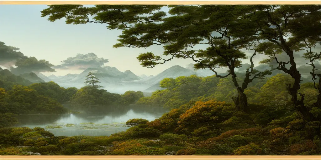 Image similar to an extremely detailed photorealistic matte landscape painting of a scenic Japanese nature reserve during a beautiful evening by John Frederick Kensett, studio Ghibli, trending on Artstation, natural lighting