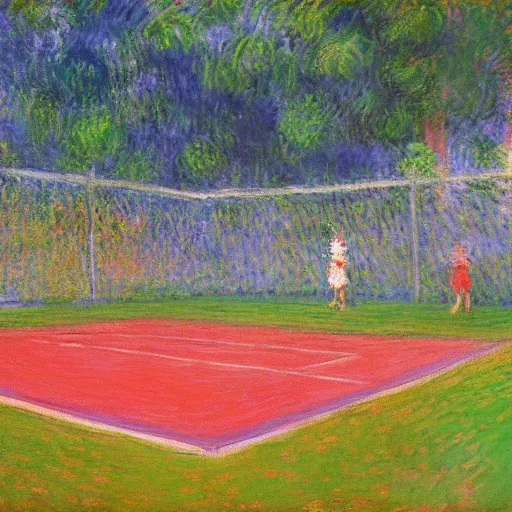 Image similar to tennis court, art by claude monet, impressionism, oil painting, bright colors, advertising painting