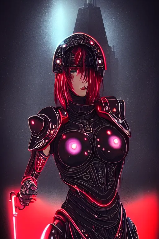 Image similar to portrait of evilly and strong stunning futuristic knights of Zodiac girl, black and red copper armor, in futuristic heavily raindrop tokyo rooftop cyberpunk night, ssci-fi, fantasy, intricate, very very beautiful, elegant, neon light, highly detailed, digital painting, artstation, concept art, human anatomy, soft light, hdri, smooth, sharp focus, illustration, art by tian zi and craig mullins and WLOP and alphonse mucha