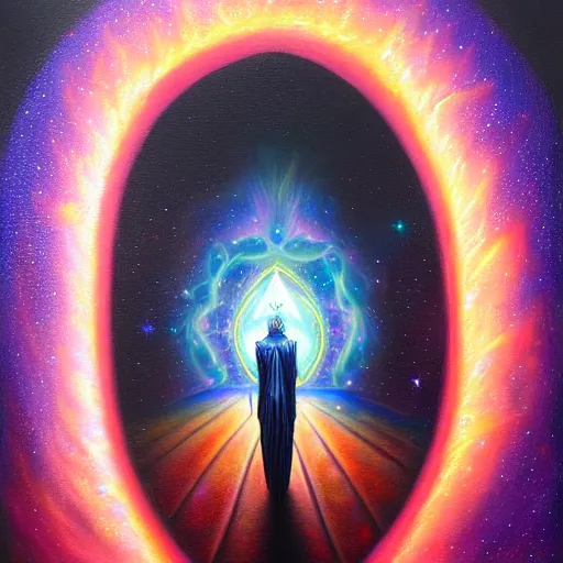 Image similar to facing the evil darkness dark star galactic nebular astral realm sacred journey in oil painting, trending on artstation, award winning, emotional, highly detailed surrealist art