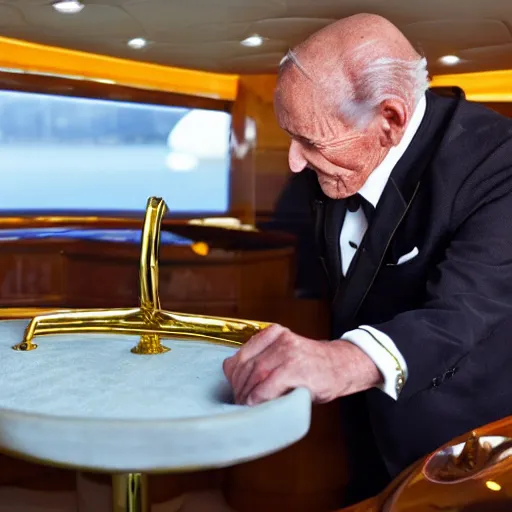 Image similar to wrinkled hunchbacked old butler polishing the side of a gold plated mega yacht