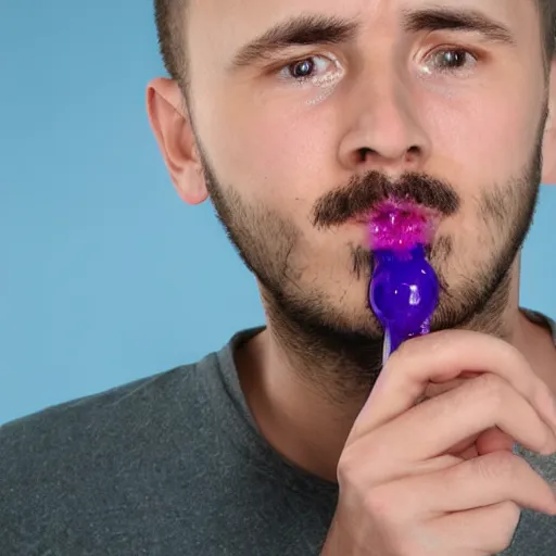 Prompt: guy with a purple liquid coming out from his nose