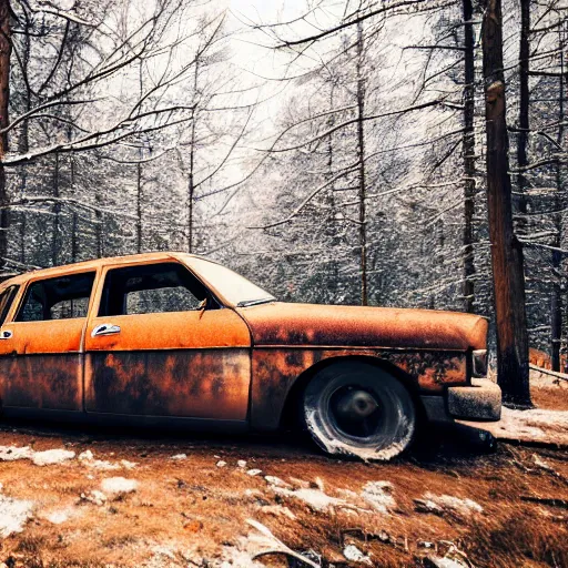 Prompt: rusty sedan in winter forest