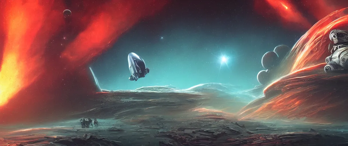 Prompt: lone industrial!!! spaceship!!, deepspace exploration!!!, flying, ridley scott universe, floating in a nebula, the final frontier, illustrative!!, mass effect, apparent brush strokes, digital painting, hyperdetailed, sketch, cinematic lighting, 4k, wide angle, trending on artstation, beksinski, etching, ((neon colors))