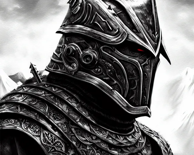 Image similar to realistic side view photo of a king in the mountains, angry, beautiful face, handsome, black iron armour, sword, lava, wide angle, dramatic lighting, intricate, wild, highly detailed, digital painting, artstation, concept art, smooth, sharp focus, illustration