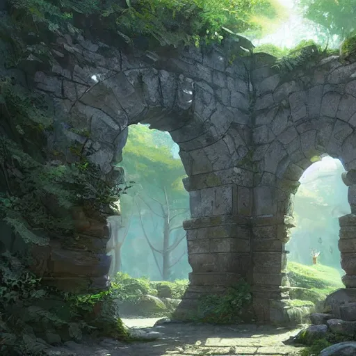 Image similar to concept art painting of an ornate ancient stone archway, in the woods, realistic, detailed, cel shaded, in the style of makoto shinkai and greg rutkowski and james gurney