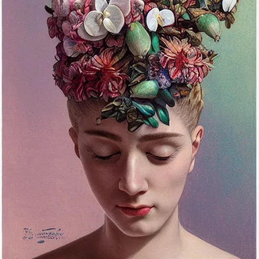 Prompt: white girl, botanical, orchid, portrait face, colorful, frantisek kupka, intricate, miles johnston, kuroda seiki, cynical realism, ozabu, john william godward, painterly, yoshitaka amano, moebius, miles johnston, louise zhang, james jean, mark ryden lowbrow pop surrealism art style