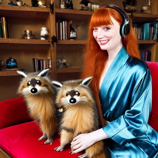 Image similar to a stunning hyper-detailed photo of one slender beautiful smiling woman with long ginger hair and bangs, wearing a luxurious silk robe, wearing headphones and posing with her large ginger tabby cat and her raccoon and parrots in a red overstuffed easy chair in her Victorian living room, holding a porcelain parrot-shaped coffee mug and a donut, perfect eyes, fashion photography, dramatic cinematic lighting, octane render, IBEX Masters, unreal engine, 85 mm lens, paisley wallpaper