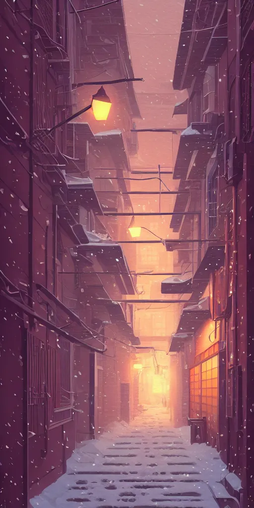 Image similar to tokyo alleyway, snowy day, lights, by cory loftis, makoto shinkai, hasui kawase, james gilleard, beautiful, serene, peaceful, lonely, golden curve composition