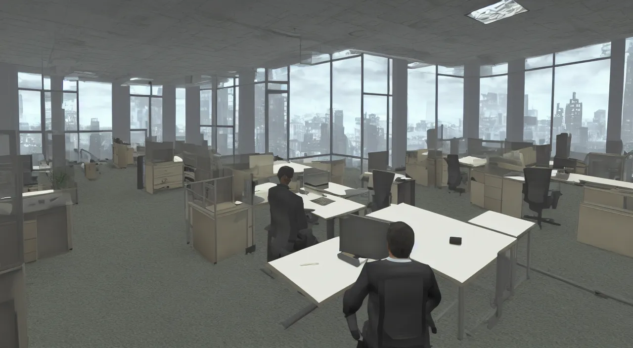 Image similar to A man in the office at 3AM with multiple cubicles and a window that provides a view of the city, Source Engine, Gmod, Half Life 2