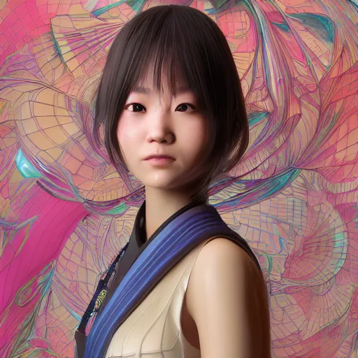 Image similar to centered portrait of a slight happy cybernetic 3D natural beautiful Japanese girl in kimono, hyperdetailed, digital painting, trending on Artstation, cel-shading style, CG society, hyperdetailed, digital painting, hypermaximalist, golden ratio, volumetric, octane render, weta digital, micro details, 3d sculpture