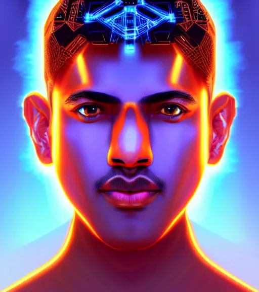 Image similar to symmetry!! indian prince of technology, solid cube of light, hard edges, product render retro - futuristic poster scifi, lasers and neon circuits, brown skin handsome indian prince, intricate, elegant, highly detailed, digital painting, artstation, concept art, smooth, sharp focus, illustration, dreamlike, art by artgerm