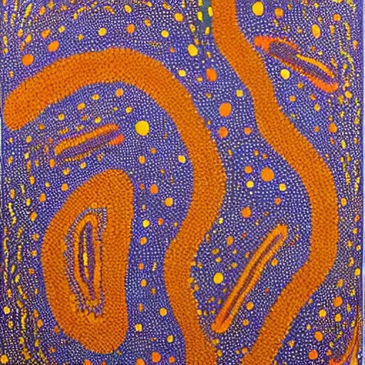 Prompt: earth painted in the style of australian aboriginal art, detailed painting, dot painting, dreamtime, indigenous, ochre papunya tula,