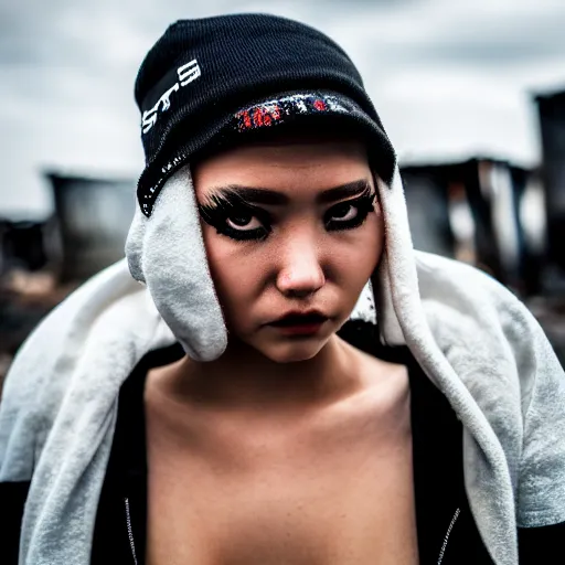 Image similar to photographic portrait of a streetwear woman with watery eyes, a futuristic shanty town burns in the background, closeup, distress, tattoos, sigma 85mm f/1.4, 4k, depth of field, high resolution, 4k, 8k, hd, full color