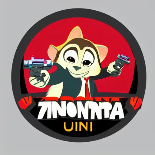 Image similar to “ logo of a upside down monkey in the style of zootopia holding laser gun, with a black background, digital art, award winning, trending on art station, retro style ”