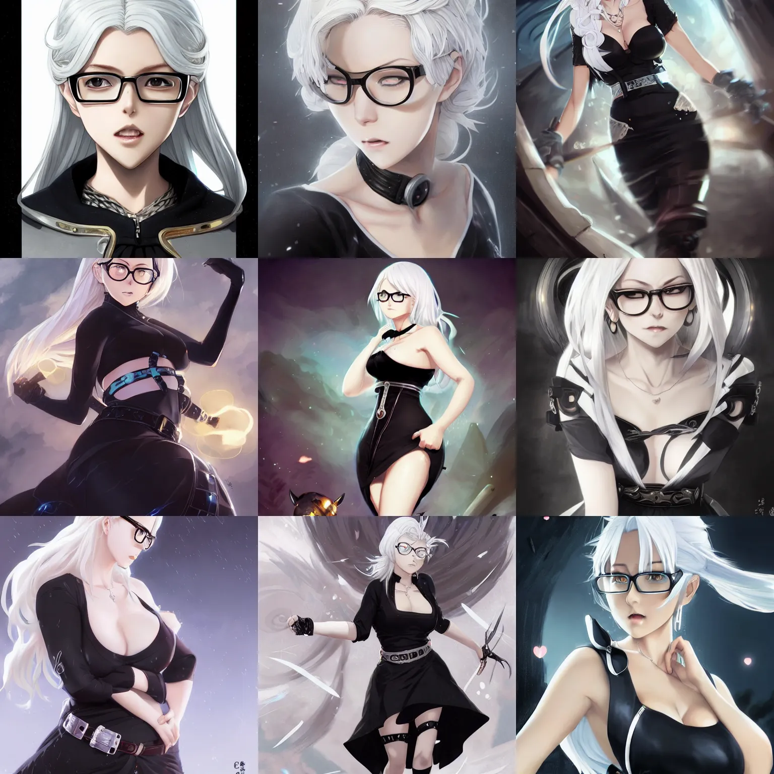 Prompt: anime key visual of curvy female with white hair and black glasses, black dress with belt around waist, stunning, intricate details, highly detailed, digital painting, smooth, hard focus, illustration, art by artgerm, greg rutkowski, guweiz, perfect face, silver jewellery