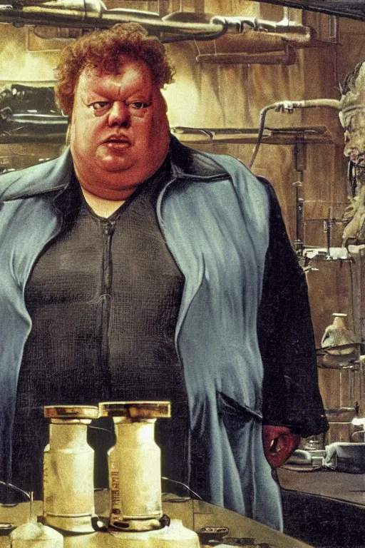 Prompt: the baron harkonnen standing in a laboratory on guidi prime, colour painting by normal rockwell, dune movie 1982