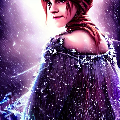 Image similar to Portrait shot of Emma Watson as the Queen of Ice, Ice crystal armor, snow falling, concept art, 4k, digital art, trending on art station, hd, doll, colorful backdrop, 3d anime