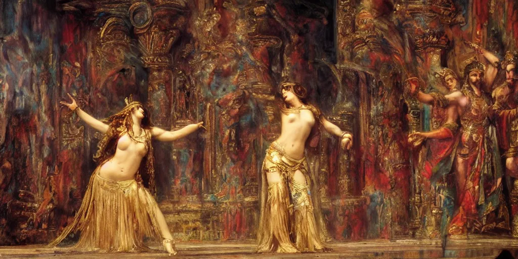 Prompt: live action cinematic version of salome dancing before herod by gustave moreau, volumetric lighting, dynamic lighting, cinematic